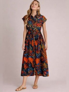 Live 4 Truth Navy Tropical Midi Shirt Dress~Button-Up Resort Duster Style ~ XL